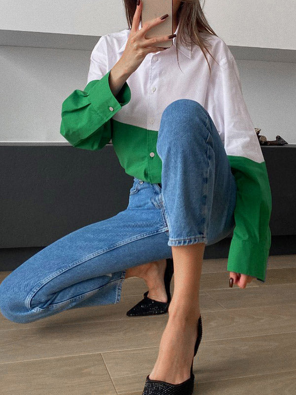 Buttoned Contrast Color Long Sleeves Loose Lapel Blouses&Shirts Tops