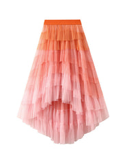 Contrast Color Elasticity Gauze Gradient Pleated Split-Joint Tiered A-Line High-Low Skirts
