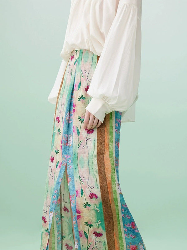 Contrast Color Flower Print Split-Front Wrap Skirts Bottoms