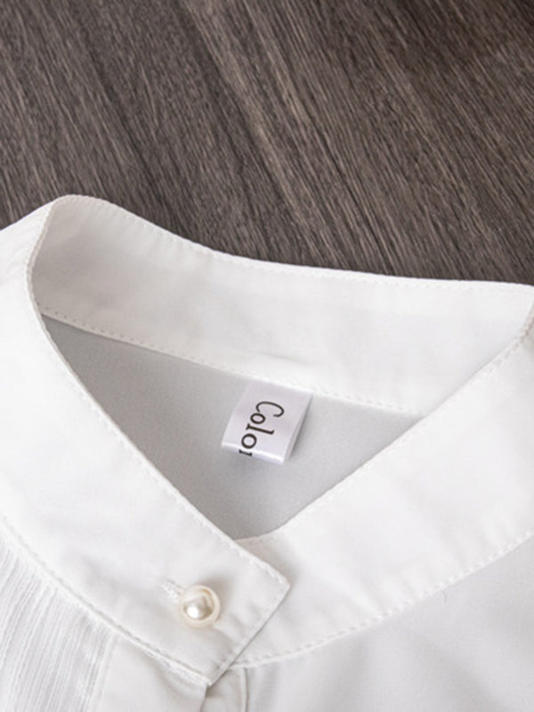 Asymmetric Buttoned See-Through Solid Color Split-Joint Long Sleeves Loose Stand Collar Blouses&shirts Tops