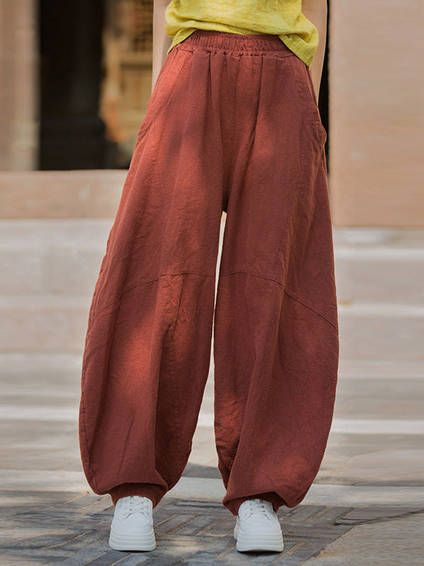 Elasticity Pockets Solid Color Split-Joint Loose Pants Cropped Trousers