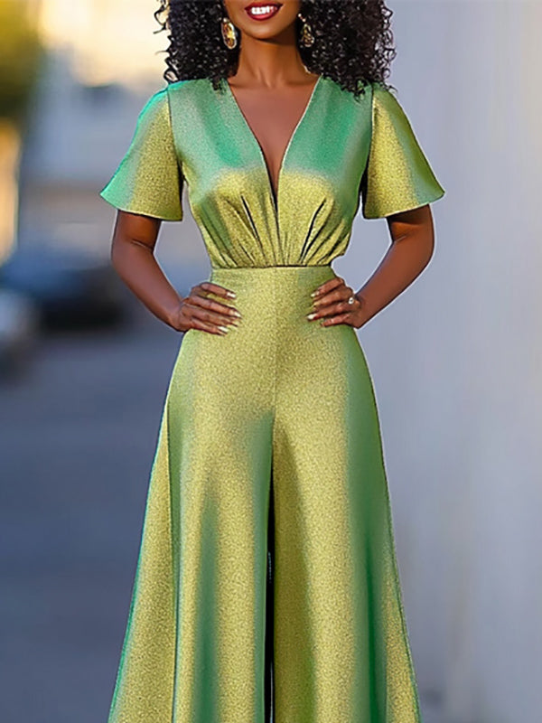 Pleated Shiny Solid Color High Waisted Loose V-neck Jumpsuits