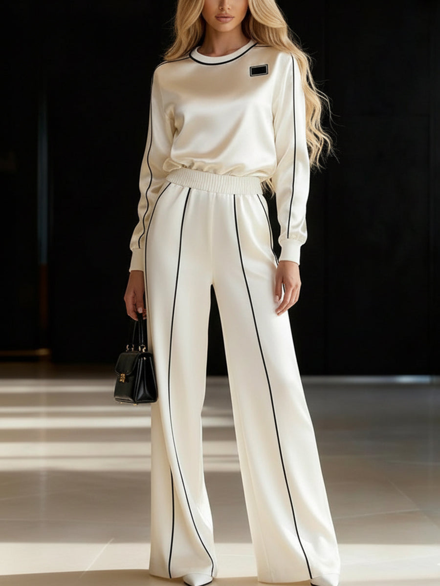 Contrast Color Line Ribs Split-Joint Long Sleeves Loose Round-Neck Blouses&Shirts Tops