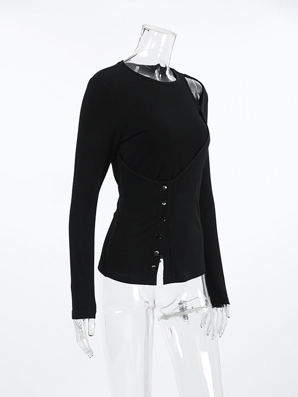 Asymmetric Buttoned Hollow Solid Color Split-Joint False Two Long Sleeves Round-Neck T-Shirts Tops