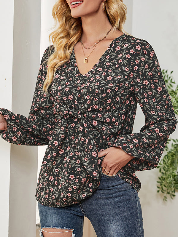 Flower Print Knot Long Sleeves Loose V-Neck Blouses&Shirts Tops