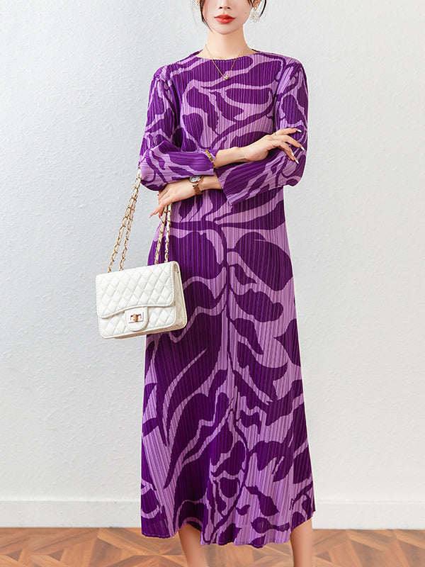 Floral Printed Pleated Long Sleeves Midi Dress