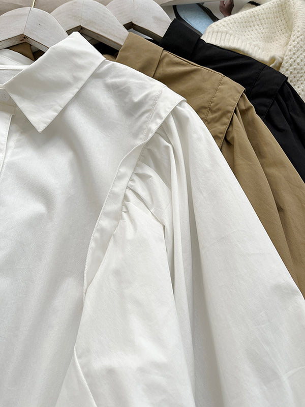 Solid Color Loose Puff Sleeves Lapel Blouses