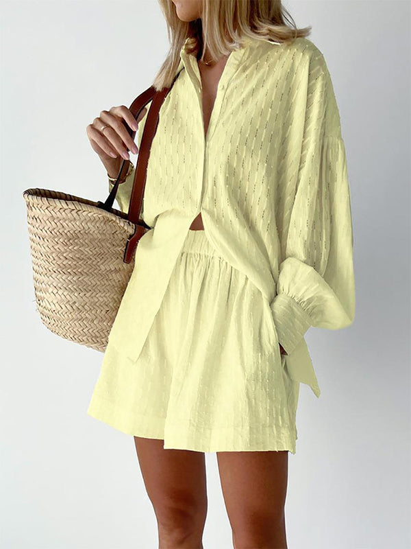 Buttoned Jacquard High-Low Long Sleeves Solid Color Lapel Shirts Top +Shorts Bottom Two Pieces Set