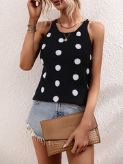 Hollow Polka-Dot High-Low Sleeveless Round-Neck Vest Top