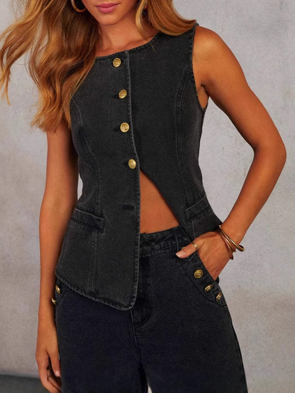 Split-Joint Sleeveless Round-neck Vest Top