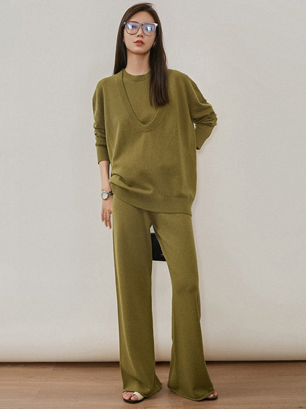 Urban Loose Solid Round-Neck Vest Top& V-Neck Sweater Tops& Wide Leg Pants Three-Piece Set