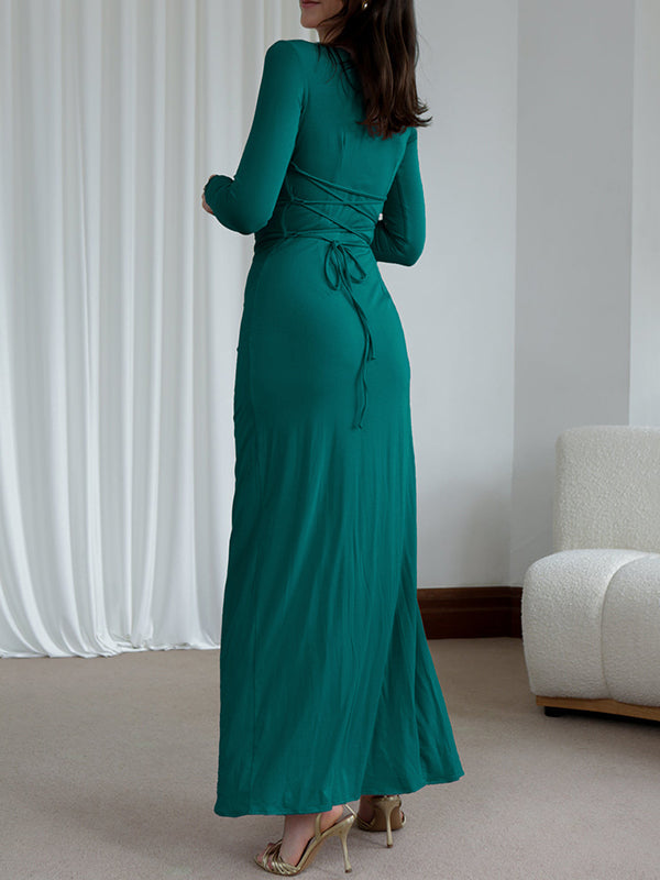 Asymmetric Pleated Ruffled Solid Color Split-Joint Bodycon High Waisted Round-Neck Maxi Dresses