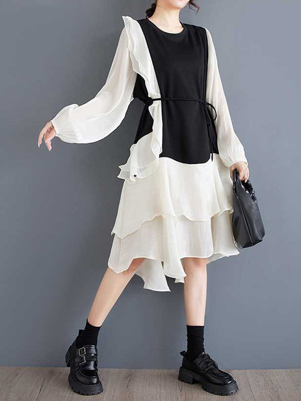 Contrast Color Ruffle Trim Split-Joint High-Low Long Sleeves Round-Neck Midi Dresses