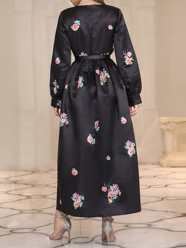 Belted Flower Print A-Line High Waisted V-Neck Maxi Dresses