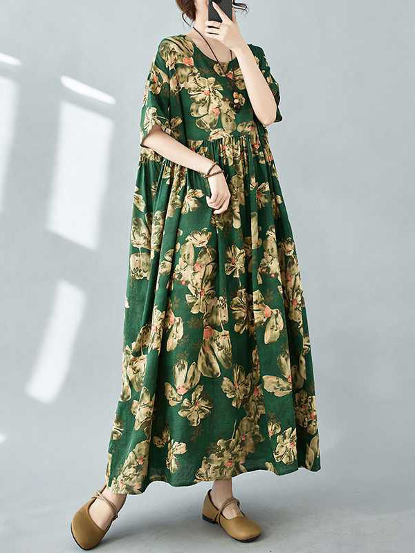 Flower Print Pleated Pockets Half Sleeves Loose Round-neck Midi Dresses