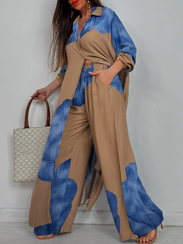 Long Sleeves Loose Floral Printed Split-Joint Split-Side Lapel Blouses&Shirts Tops