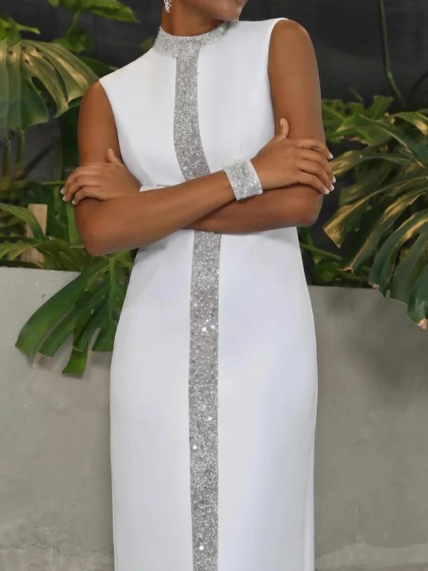 Contrast Color Shiny Split-Back Loose Sleeveless Mock Neck Maxi Dresses