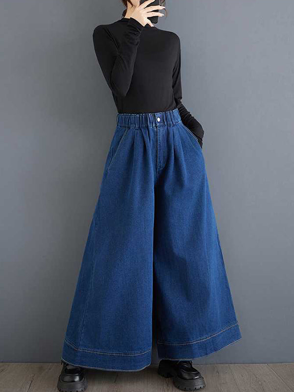 Elasticity Pleated Pockets High Waisted Loose Trousers Jean Pants Bottoms