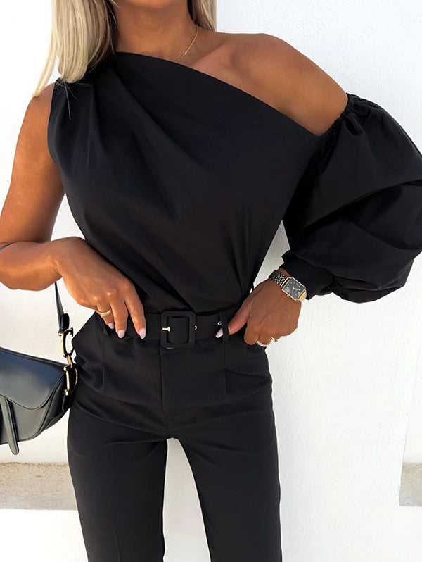Asymmetric Elasticity Solid Color Long Sleeves Loose One-shoulder Blouses&shirts Tops