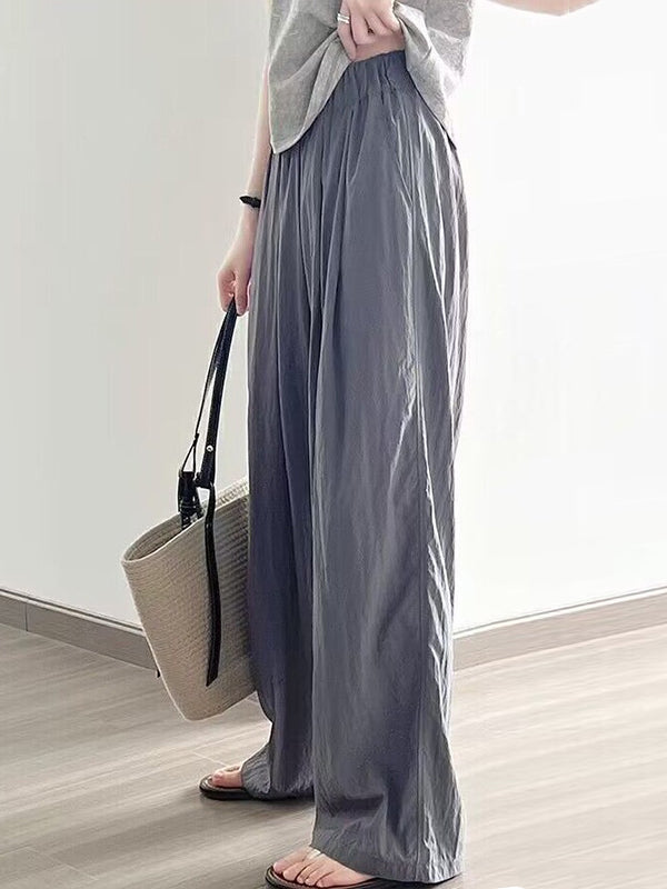 Elasticity Pleated Pockets Solid Color High Waisted Loose Trousers Pants