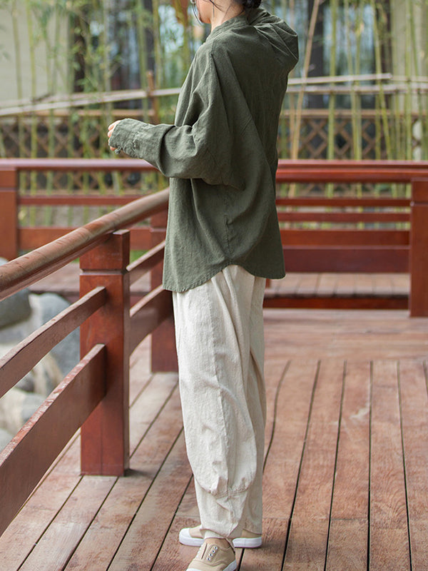Chinese Frog Buttons Pleated Solid Color Split-Joint Batwing Sleeves Loose Stand Collar Blouses