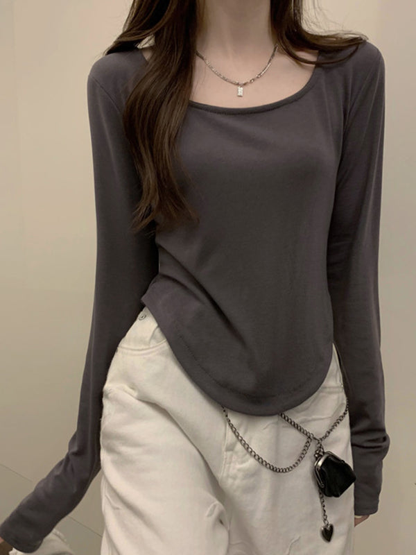 Solid Color Long Sleeves Skinny Square-Neck T-Shirts Tops