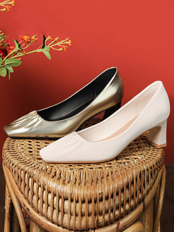 Pleated Shallow Cut Square-Toe Pumps