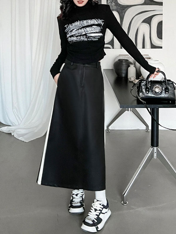 Letter Print Shoulder Pad Long Sleeves Skinny High Neck T-Shirts Tops