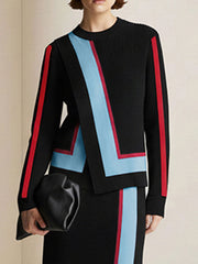 Irregularity Long Sleeves Abstract Printed Asymmetric Contrast Color Ribs Split-Joint Round-Neck Sweater Tops