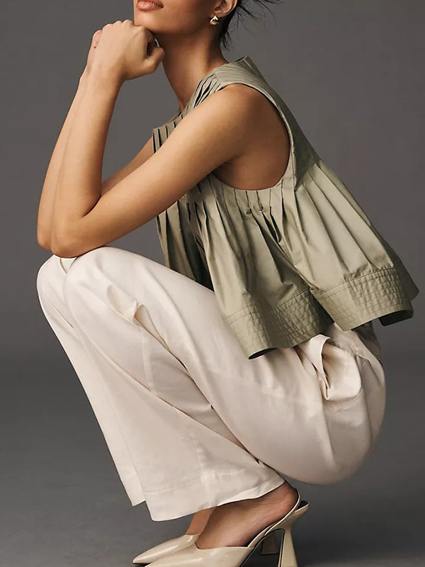 Pleated Solid Color Split-Joint Zipper Loose Sleeveless Round-neck Vest Top