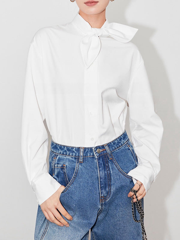 Buttoned Solid Color Long Sleeves Loose Mock Neck Blouses&shirts Tops