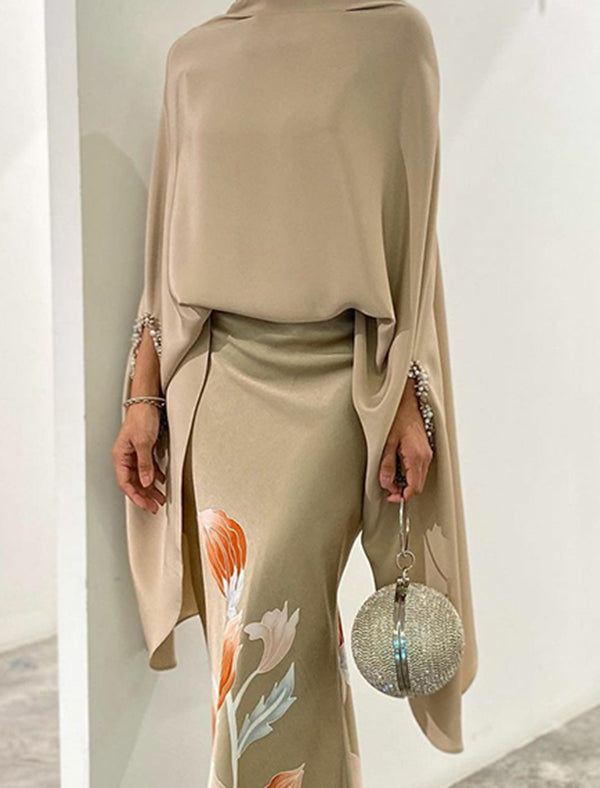 Loose Batwing Sleeves Split-Joint High Neck T-Shirt + Floral Printed Skirt Two Pieces Set