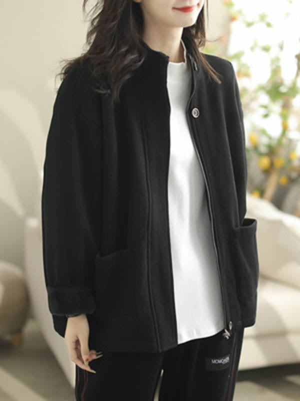 Buttoned Keep Warm Pockets Split-Joint Velvet Zipper Long Sleeves Loose Stand Collar Outerwear