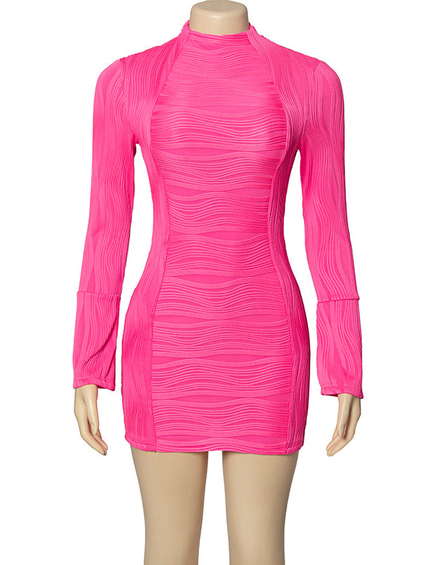 Pleated Solid Color Split-Joint Bodycon Long Sleeves Round-Neck Mini Dresses