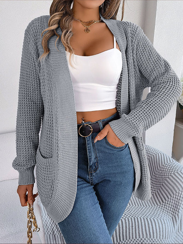 Pockets Solid Color Split-Joint Long Sleeves Loose Collarless Cardigan Tops