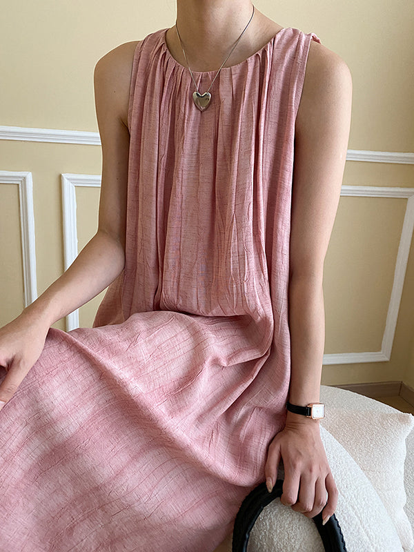 Pleated Solid Color A-Line Loose Round-Neck Midi Dresses