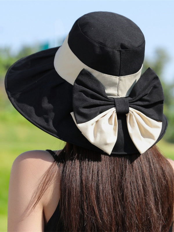 Bowknot Contrast Color Pleated Split-Joint Sun Hat Fisherman Hat