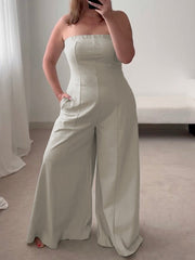 Pockets Solid Color Split-Joint High Waisted Sleeveless Tube Jumpsuits