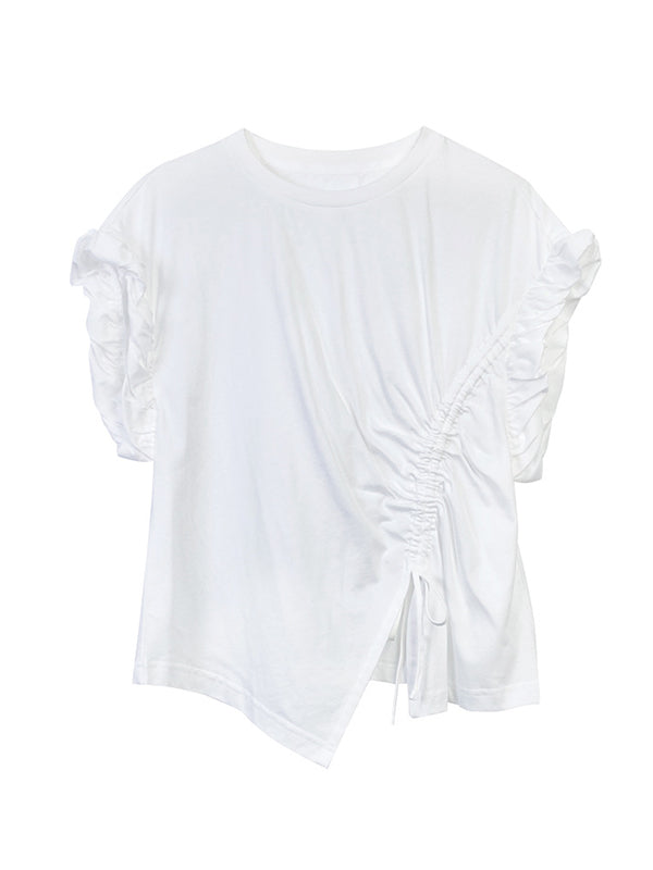 Asymmetric Drawstring Pleated Ruffle Trim Solid Color Split-Front Loose Short Sleeves Round-Neck T-Shirts Tops