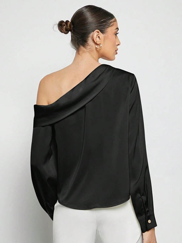 Pleated Solid Color Split-Joint Long Sleeves Skinny One-Shoulder Blouses&Shirts Tops