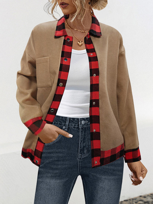Buttoned Plaid Pockets Split-Joint Long Sleeves Loose Lapel Woolen Coat