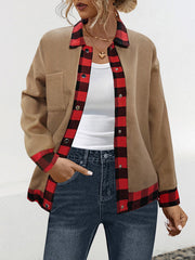 Buttoned Plaid Pockets Split-Joint Long Sleeves Loose Lapel Woolen Coat
