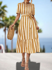 Split-Joint Striped Tied Waist A-Line Loose Round-Neck Midi Dresses
