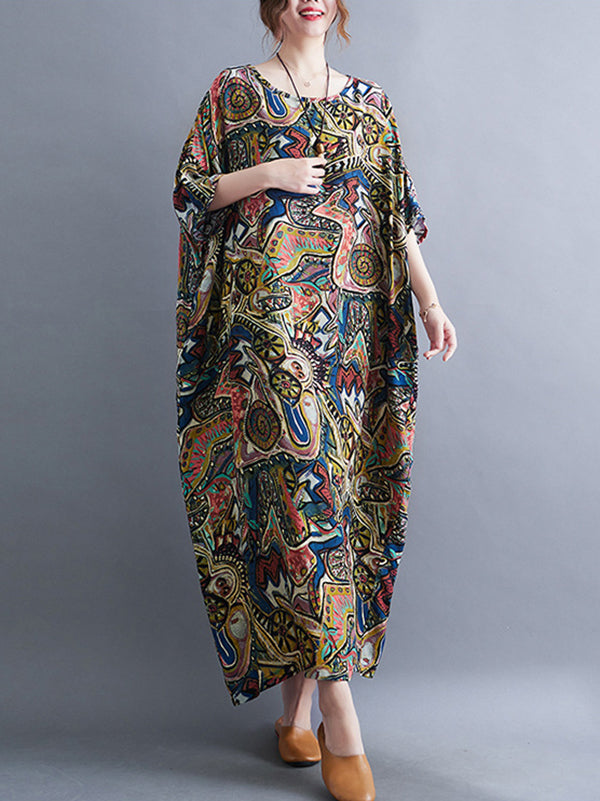 Original Artistic Retro Loose Printed Contrast Color Midi Dress