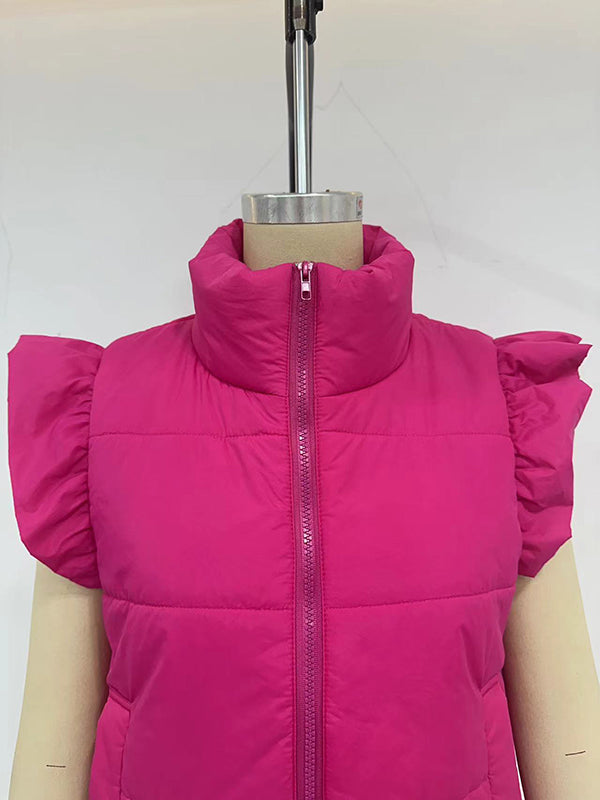 Pleated Solid Color Split-Joint Flared Sleeves High Neck Padded Vest