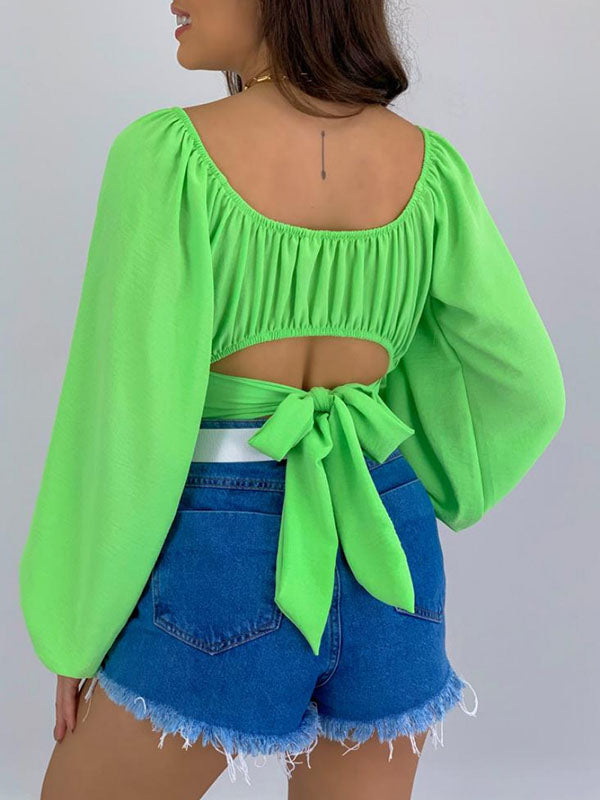 Elasticity Pleated Solid Color Long Sleeves Loose Off-the-shoulder Blouses