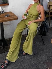Solid Color Loose Pleated Halter-Neck Vest Top + High Waisted Pants Bottom Two Pieces Set