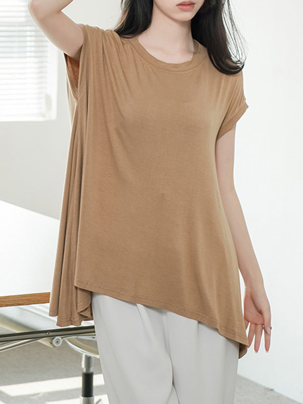 Asymmetric Solid Color High-Low Loose Round-Neck T-Shirts Tops