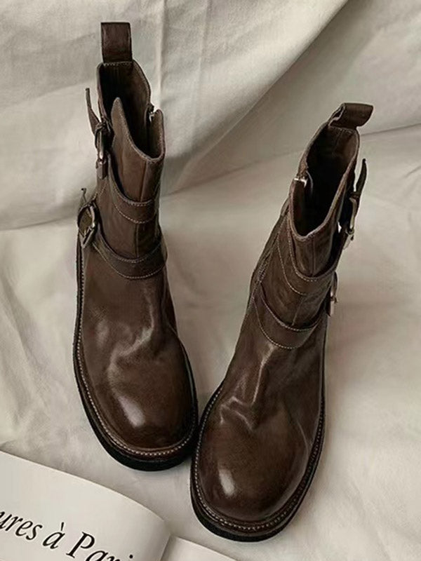 Belt Buckle Round-Toe Split-Joint Zipper Boots