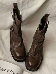 Belt Buckle Round-Toe Split-Joint Zipper Boots